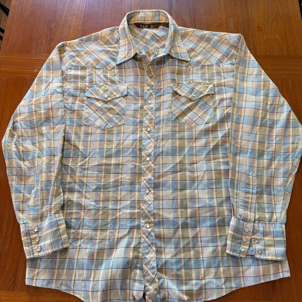 Vintage 1970s BJ-R Plaid Western Button-Up Shirt Pearl Snaps Gold Flek - Size XL